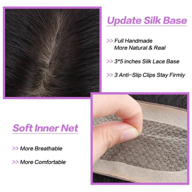 Real Human Hair Silk Base Hair Topper with Clip – Natural, Luxurious, Effortless Confidence