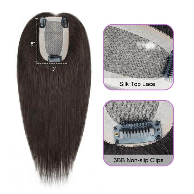 Real Human Hair Silk Base Hair Topper with Clip – Natural, Luxurious, Effortless Confidence